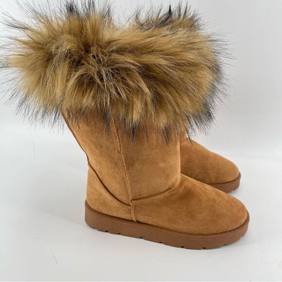 Bamboo Women’s Brown Round Toe Vegan Suede Faux Fur Tall Platform Boots Size 8 - Picture 3 of 17